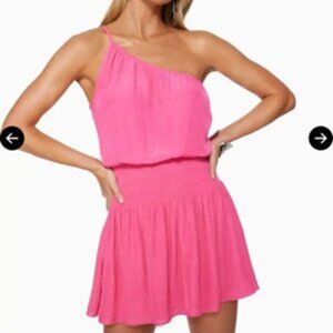 RAMY BROOK Hot Pink Leah One Shoulder Smocked Mini Dress XS